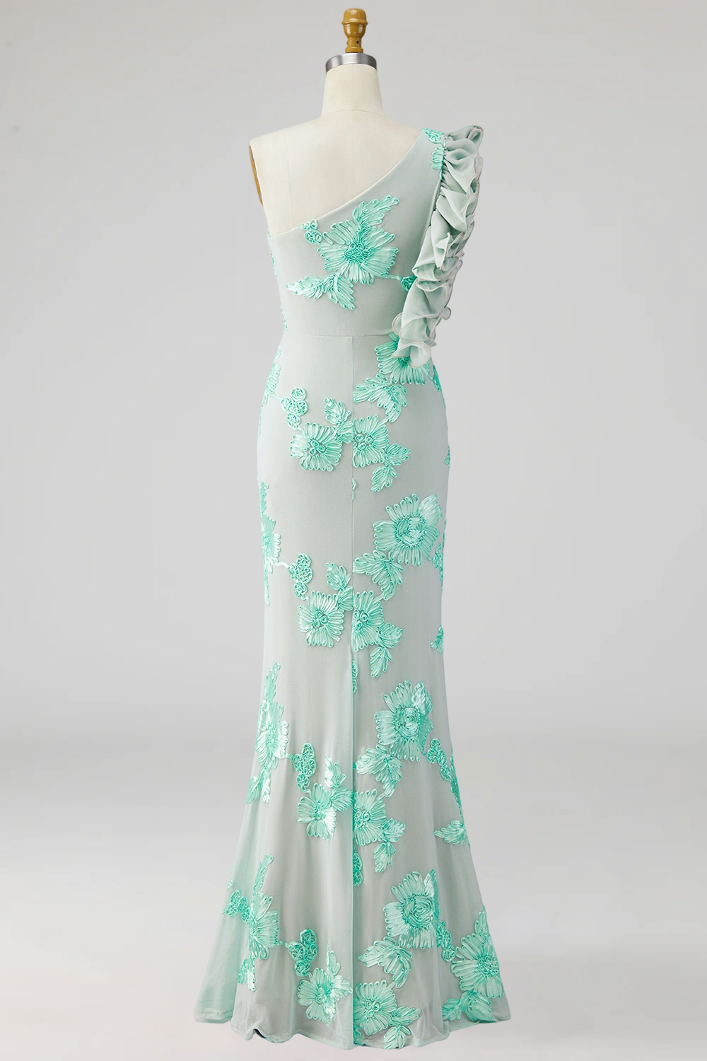 Green Floral Appliqued Sheath Ruffled Long Formal Dress