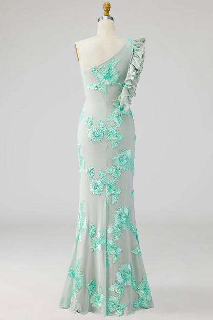 Green Floral Appliqued Sheath Ruffled Long Formal Dress
