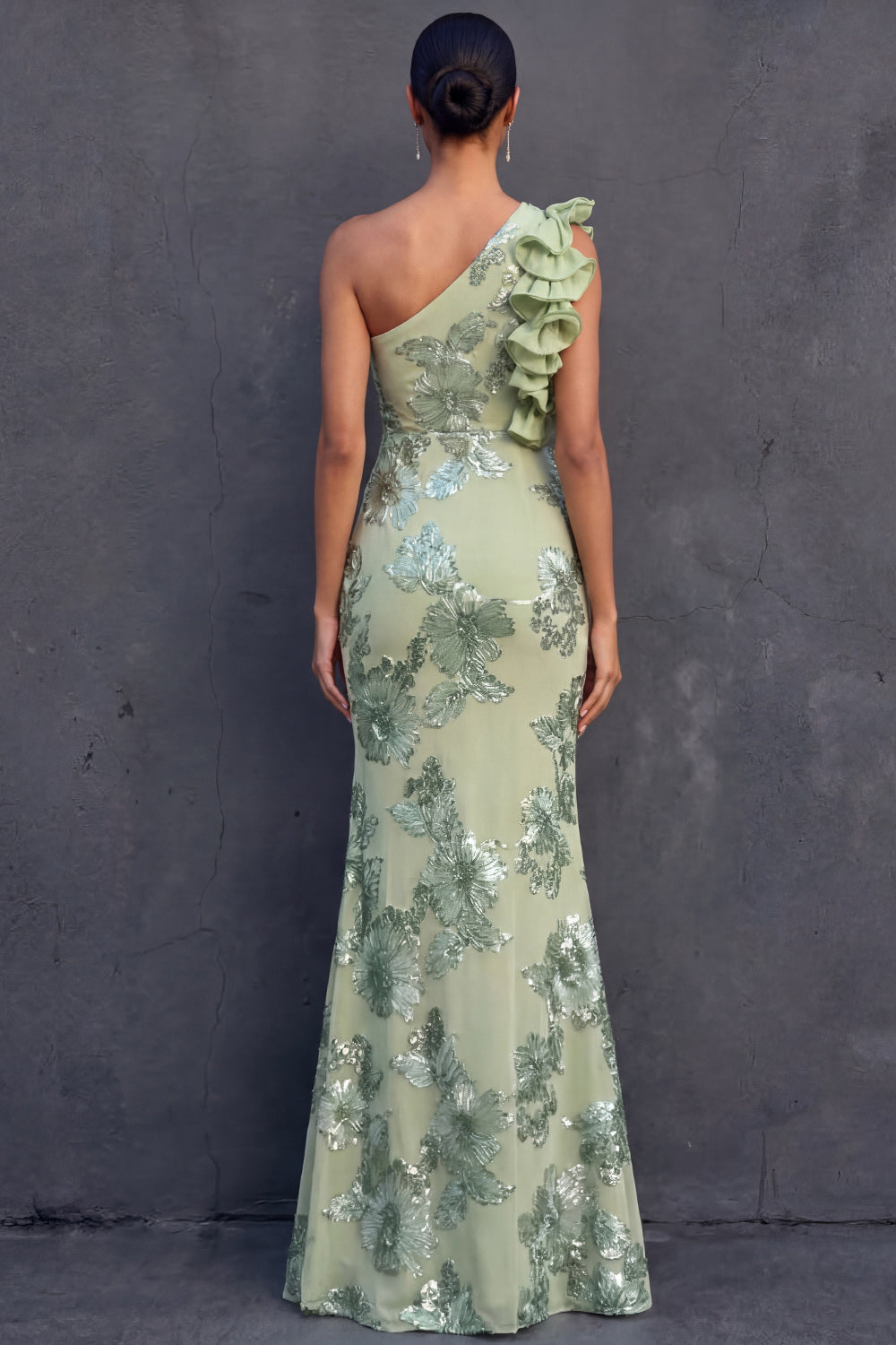 Green Floral Appliqued Sheath Ruffled Long Formal Dress