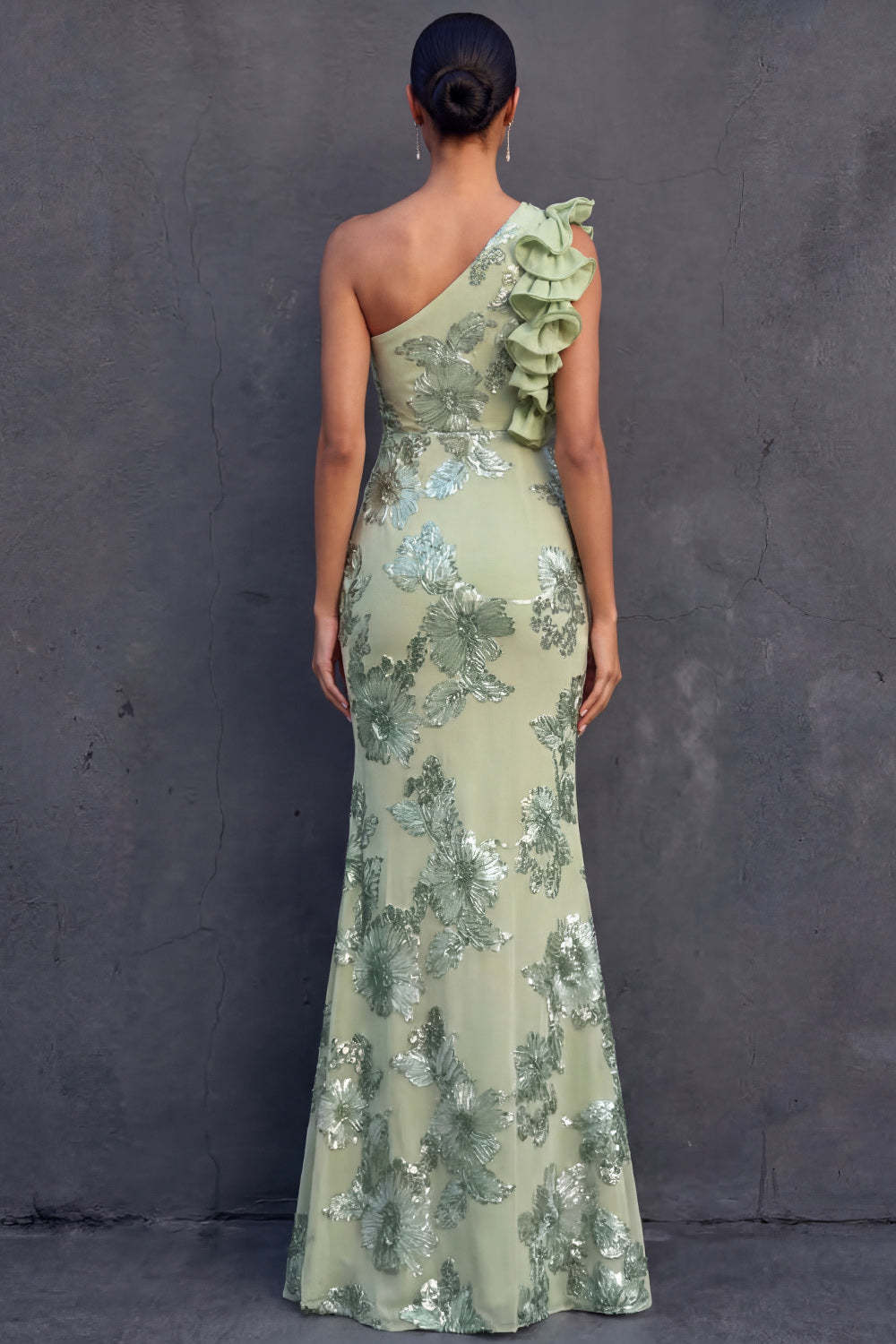 Green Floral Appliqued Sheath Ruffled Long Formal Dress
