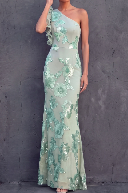 Green Floral Appliqued Sheath Ruffled Long Formal Dress