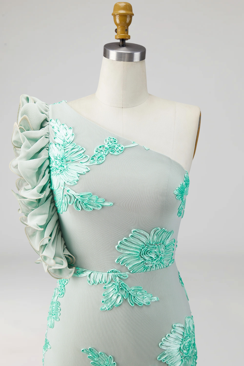 Green Floral Appliqued Sheath Ruffled Long Formal Dress