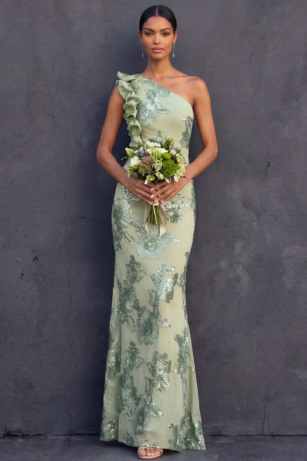 Green Floral Appliqued Sheath Ruffled Long Formal Dress