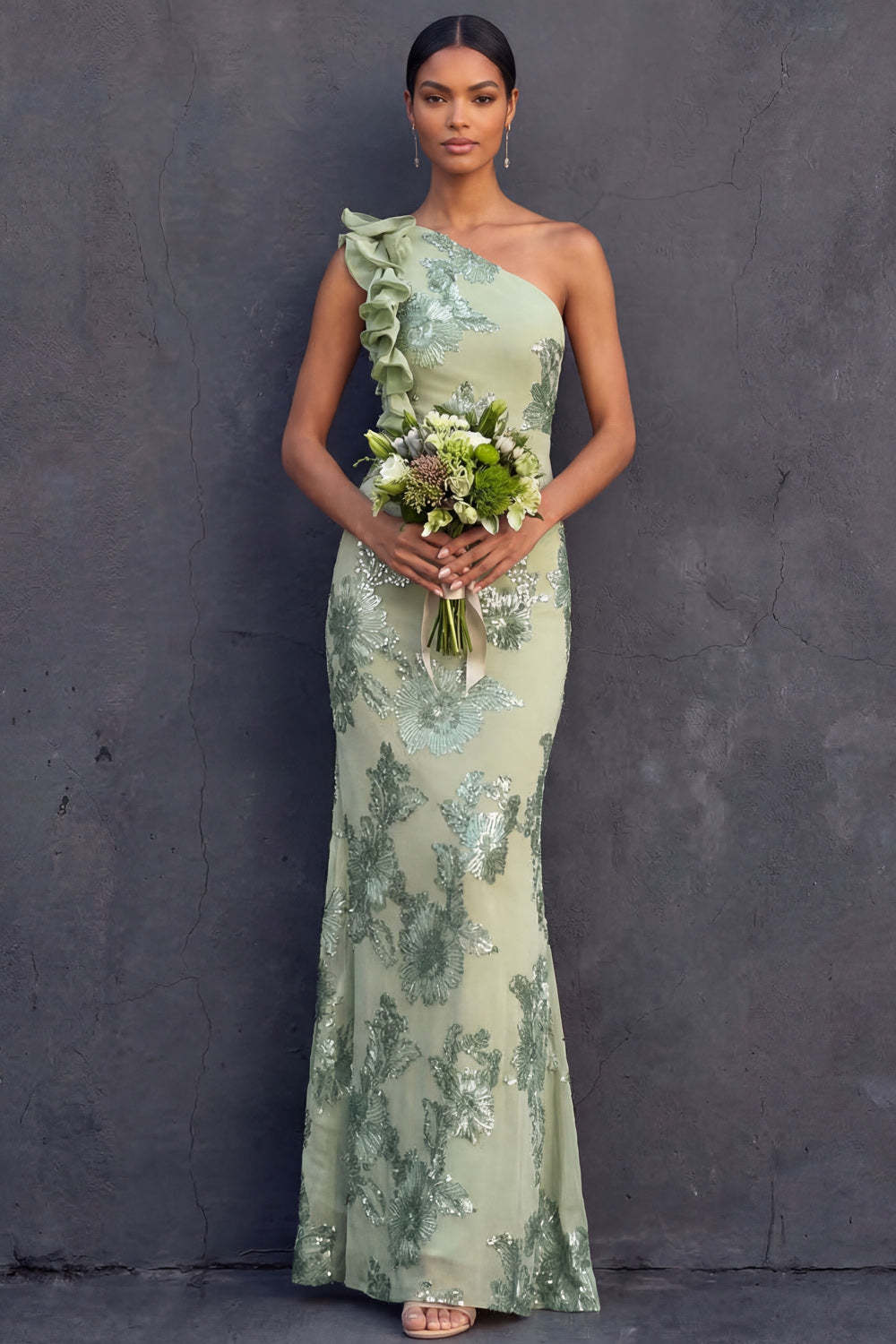 Green Floral Appliqued Sheath Ruffled Long Formal Dress