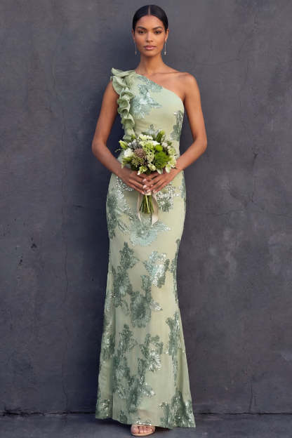 Green Floral Appliqued Sheath Ruffled Long Formal Dress