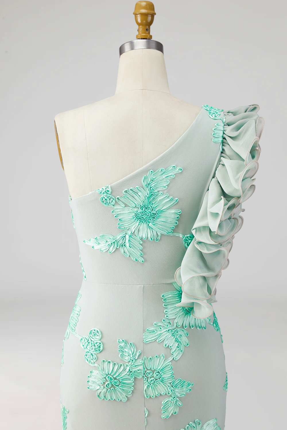 Green Floral Appliqued Sheath Ruffled Long Formal Dress