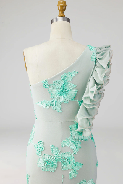 Green Floral Appliqued Sheath Ruffled Long Formal Dress