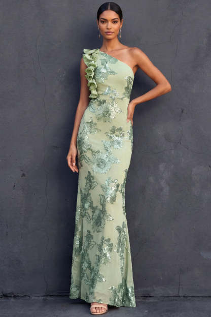 Green Floral Appliqued Sheath Ruffled Long Formal Dress