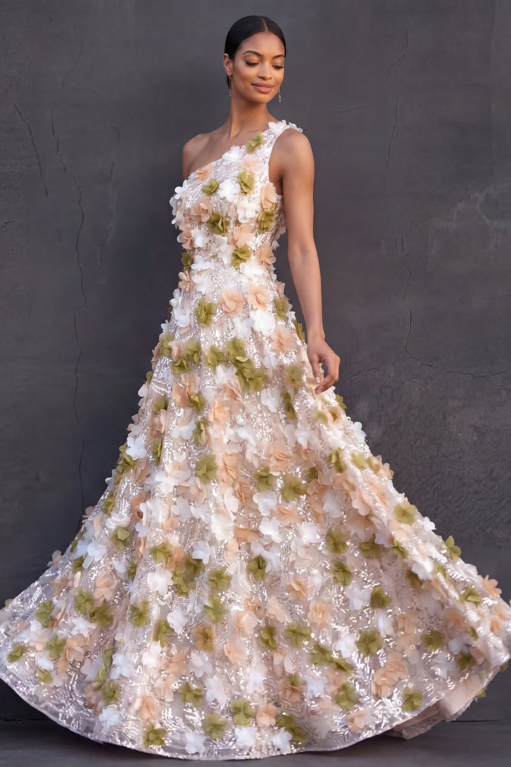 Leely Women Green Floral Appliqued A Line Sparkly Sequined Long Formal Dress One Shoulder Backless Sleeveless Wedding Guest Dress