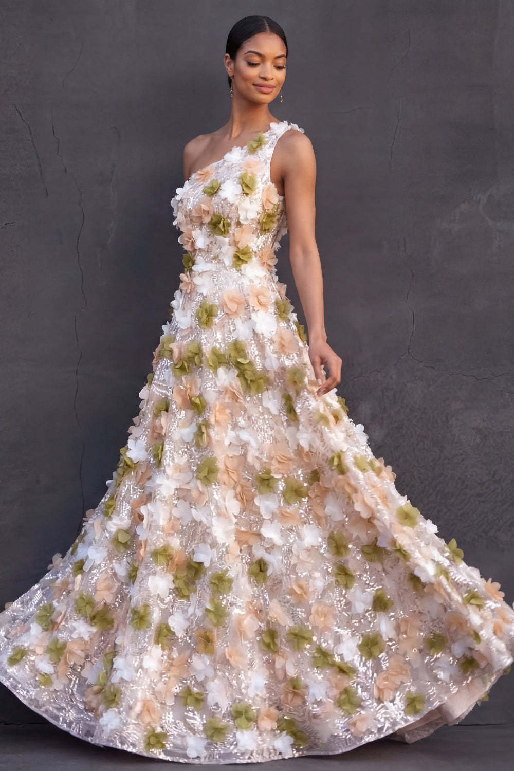 Leely Women Green Floral Appliqued A Line Sparkly Sequined Long Formal Dress One Shoulder Backless Sleeveless Wedding Guest Dress