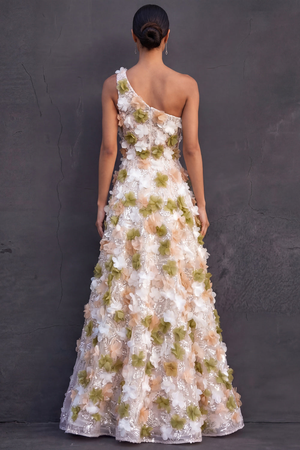 Green Floral Appliqued A Line Sparkly Sequined Long Formal Dress