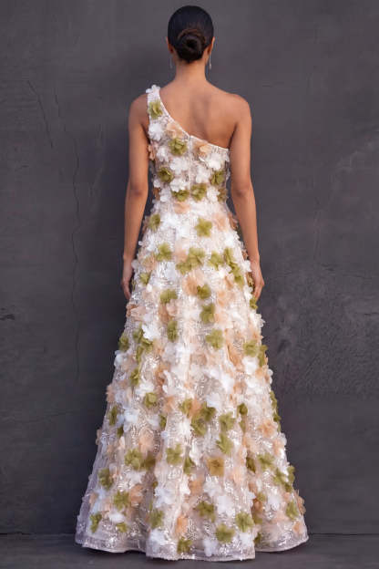 Green Floral Appliqued A Line Sparkly Sequined Long Formal Dress