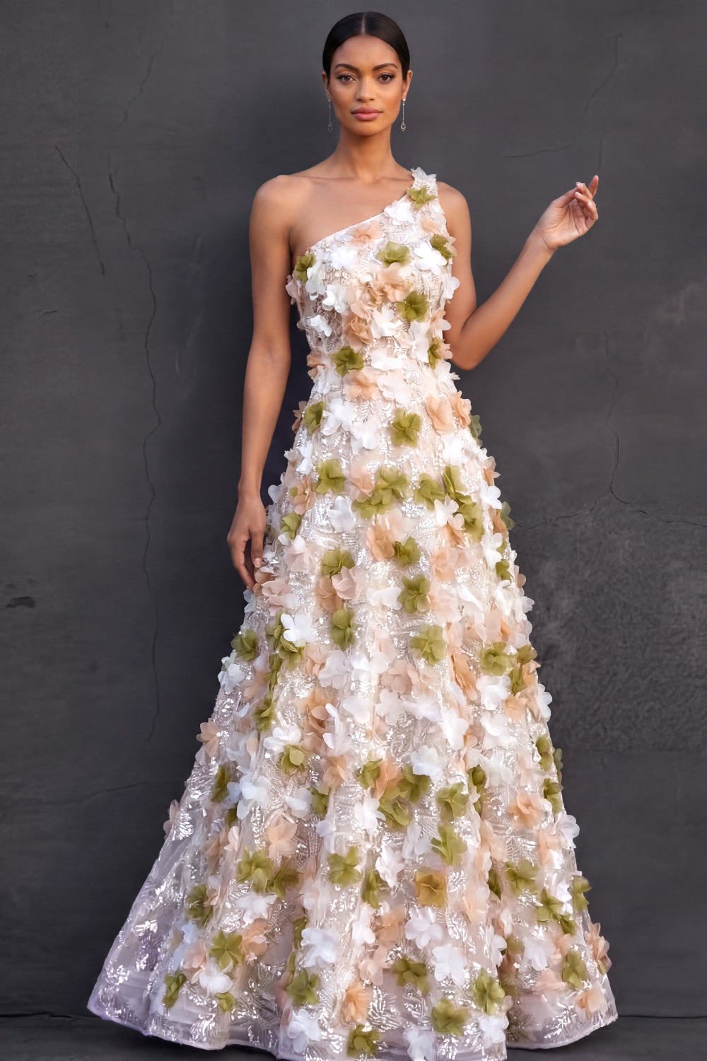 Green Floral Appliqued A Line Sparkly Sequined Long Formal Dress