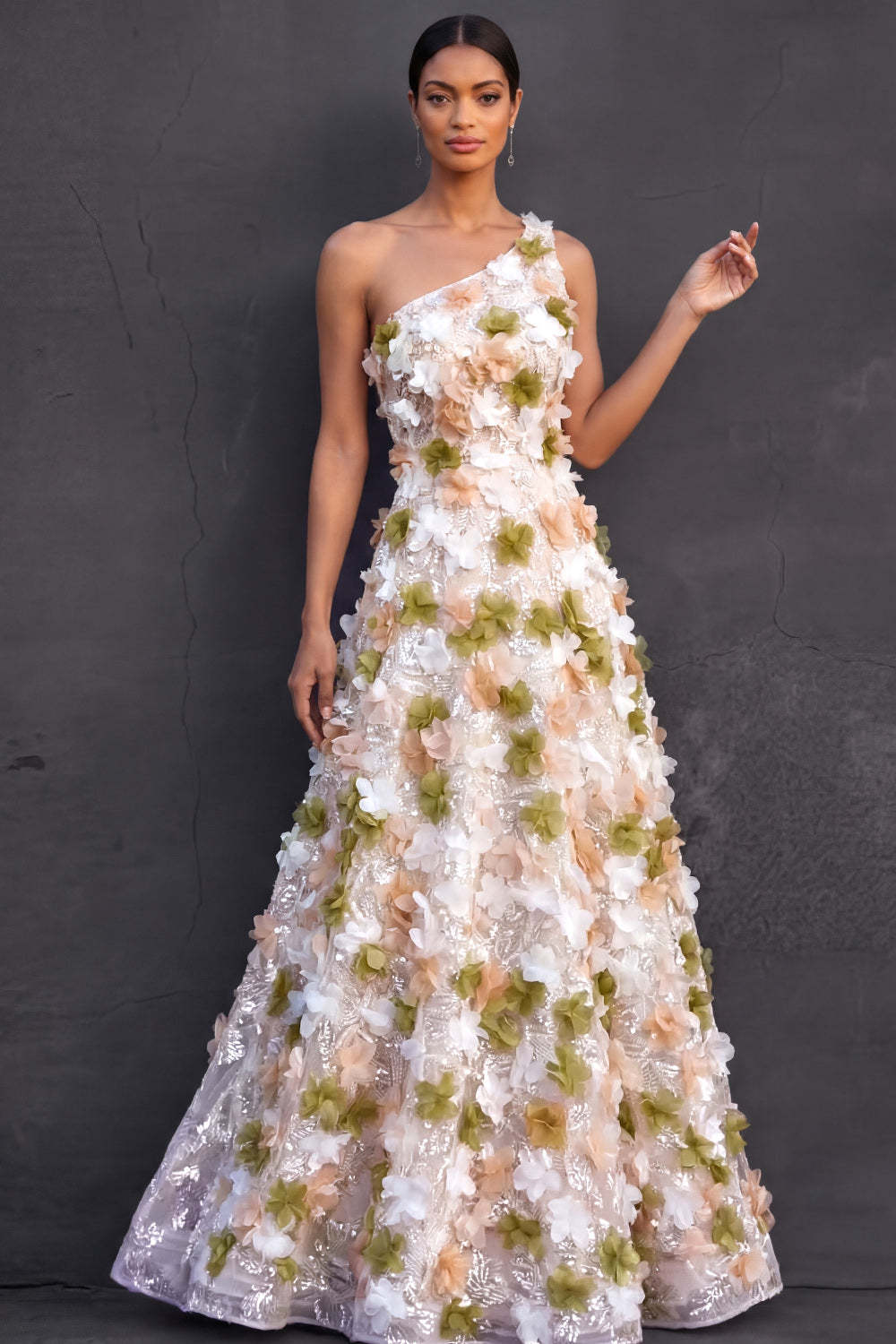 Green Floral Appliqued A Line Sparkly Sequined Long Formal Dress