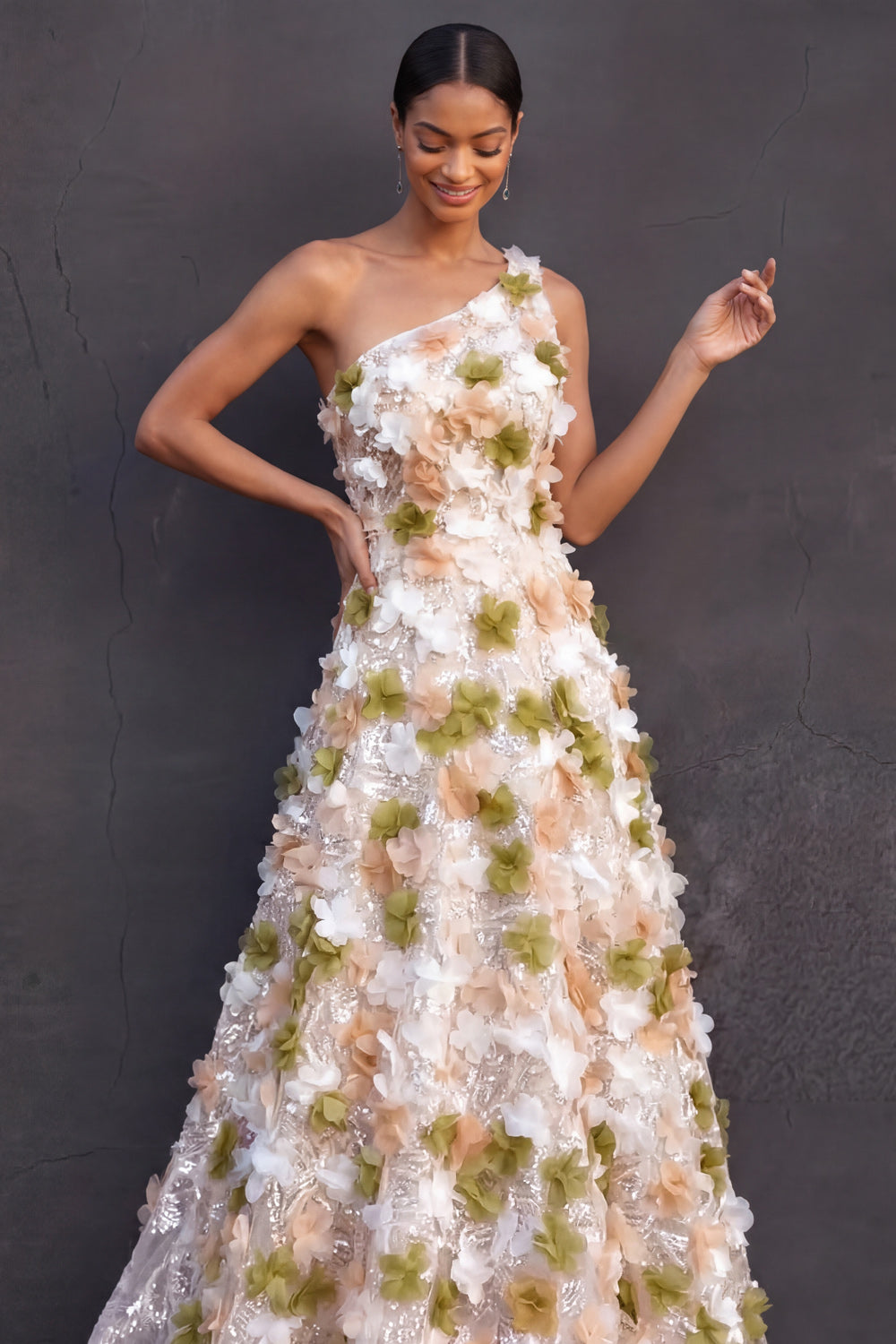 Green Floral Appliqued A Line Sparkly Sequined Long Formal Dress