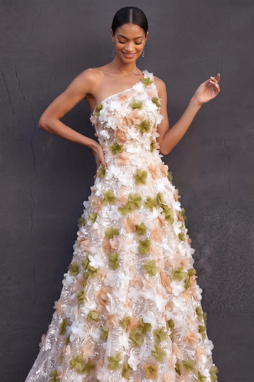 Green Floral Appliqued A Line Sparkly Sequined Long Formal Dress