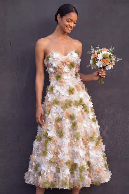 Leely Women Strapless Green Floral A Line Sparkly Sequined Long Formal Dress Appliqued Backless Sleeveless Wedding Guest Dress