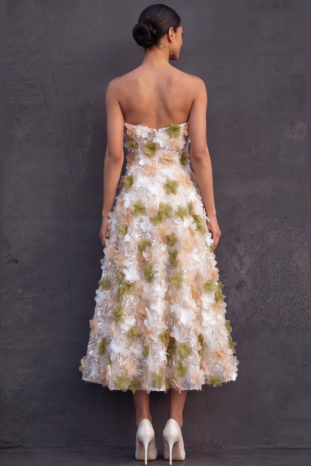 Strapless Green Floral A Line Sparkly Sequined Long Formal Dress