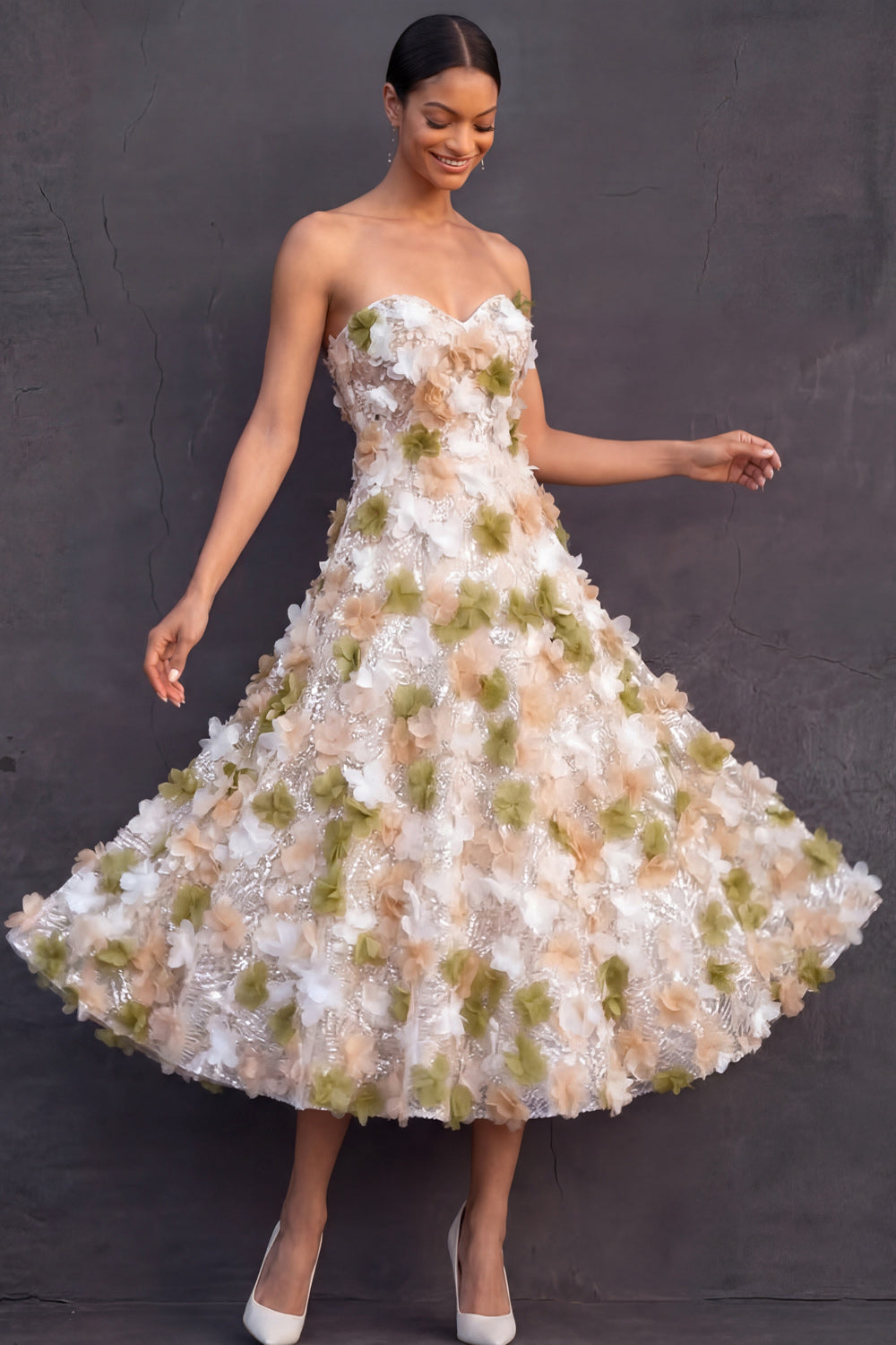Strapless Green Floral A Line Sparkly Sequined Long Formal Dress