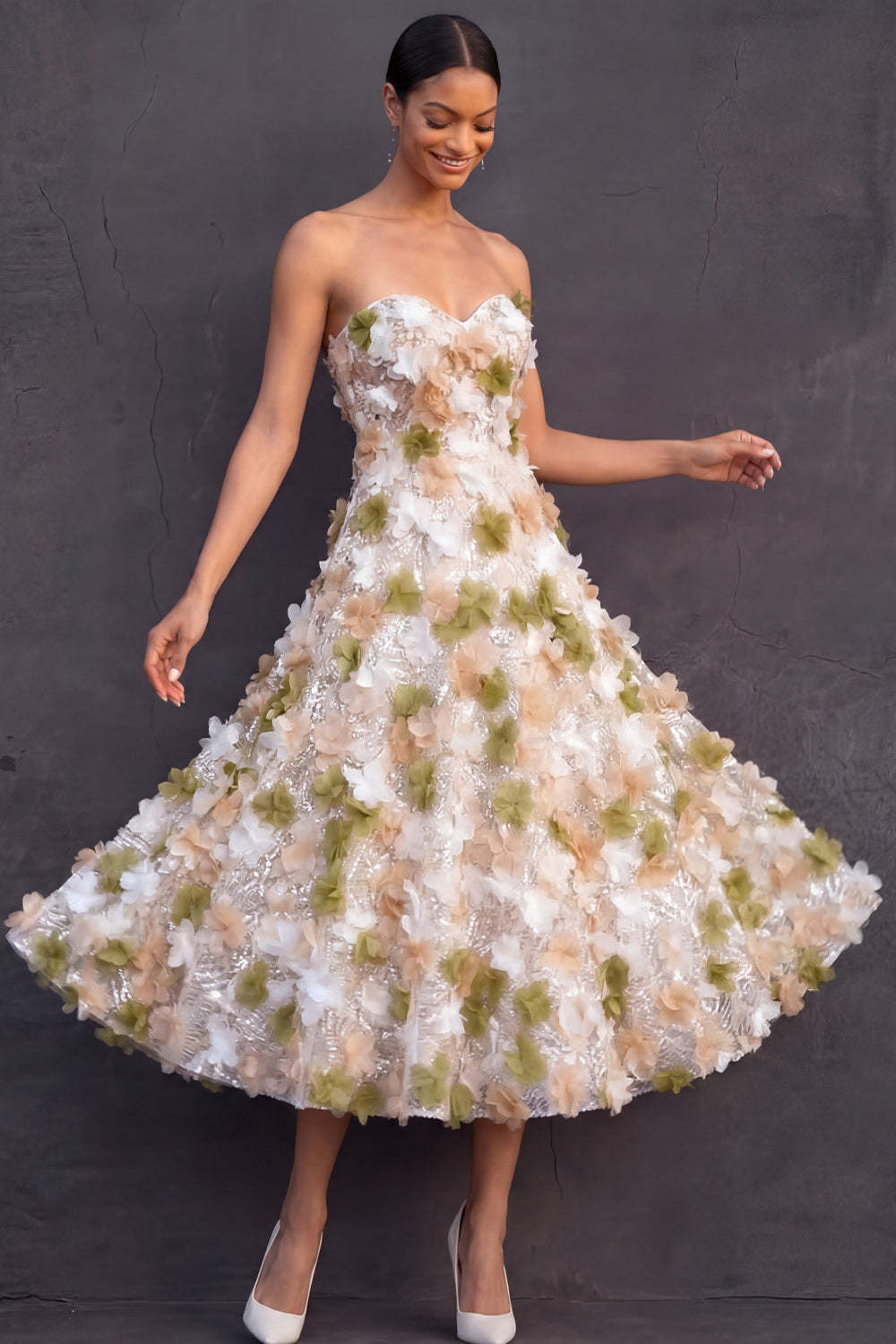 Strapless Green Floral A Line Sparkly Sequined Long Formal Dress