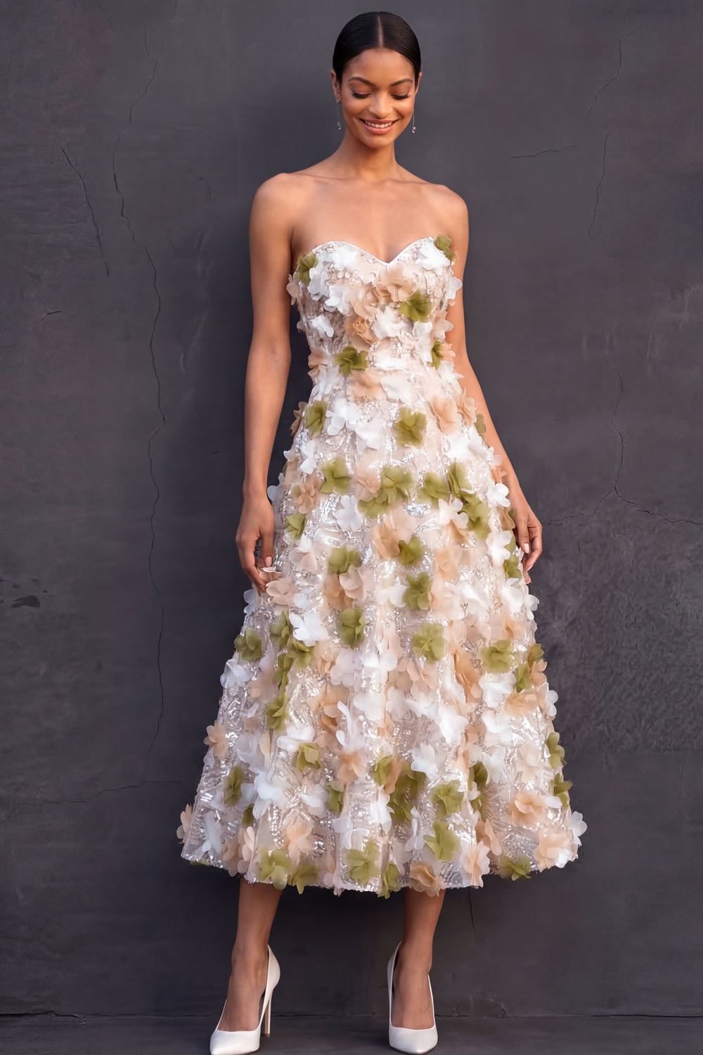 Strapless Green Floral A Line Sparkly Sequined Long Formal Dress