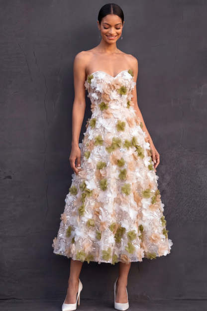 Strapless Green Floral A Line Sparkly Sequined Long Formal Dress