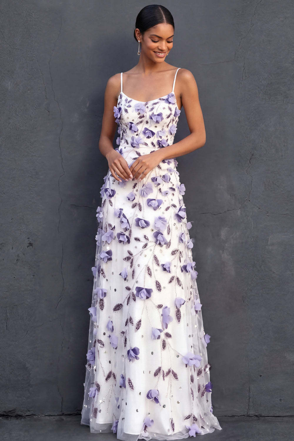 Leely Women Floral Purple Sheath Long Wedding Guest Dress Appliqued Spaghetti Straps Backless Evening Dress