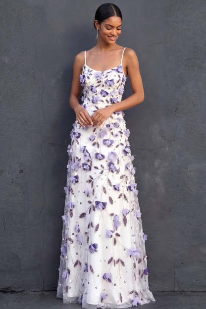 Leely Women Floral Purple Sheath Long Wedding Guest Dress Appliqued Spaghetti Straps Backless Evening Dress