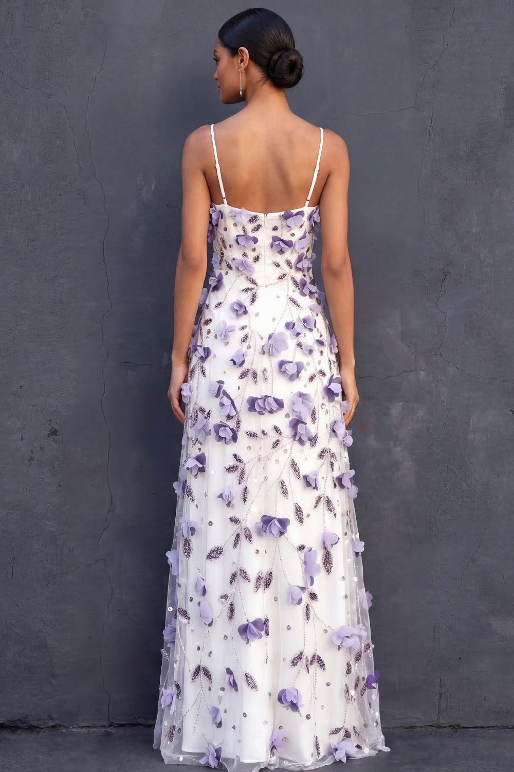 Floral Purple Sheath Appliqued Spaghetti Straps Long Wedding Guest Dress