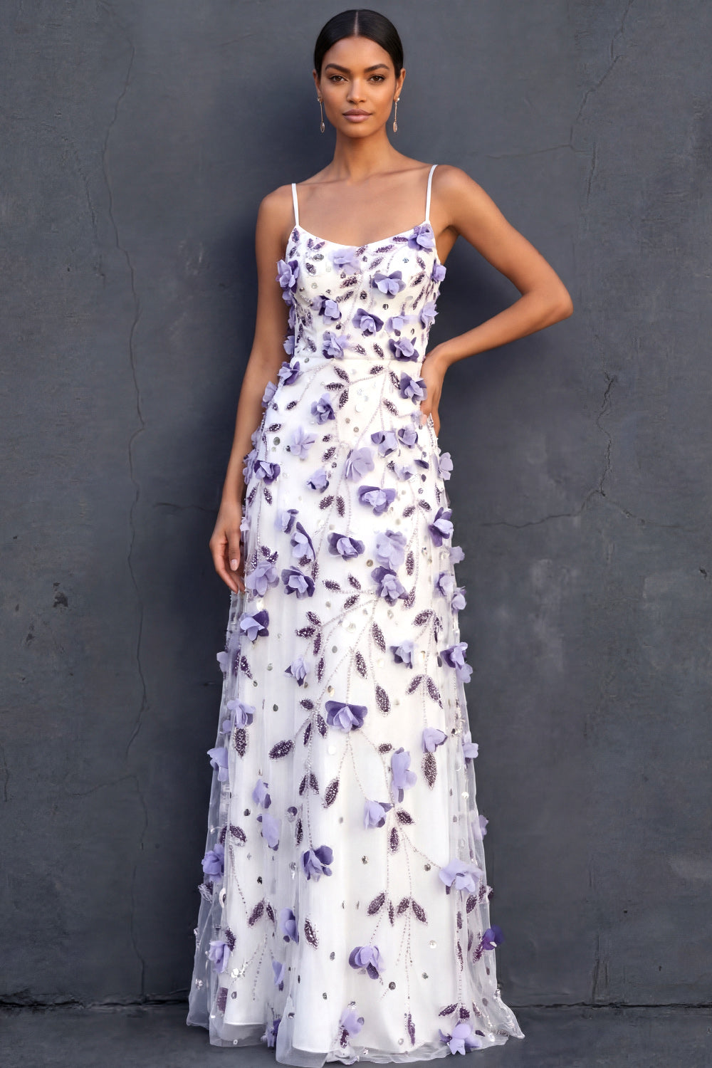 Floral Purple Sheath Appliqued Spaghetti Straps Long Wedding Guest Dress