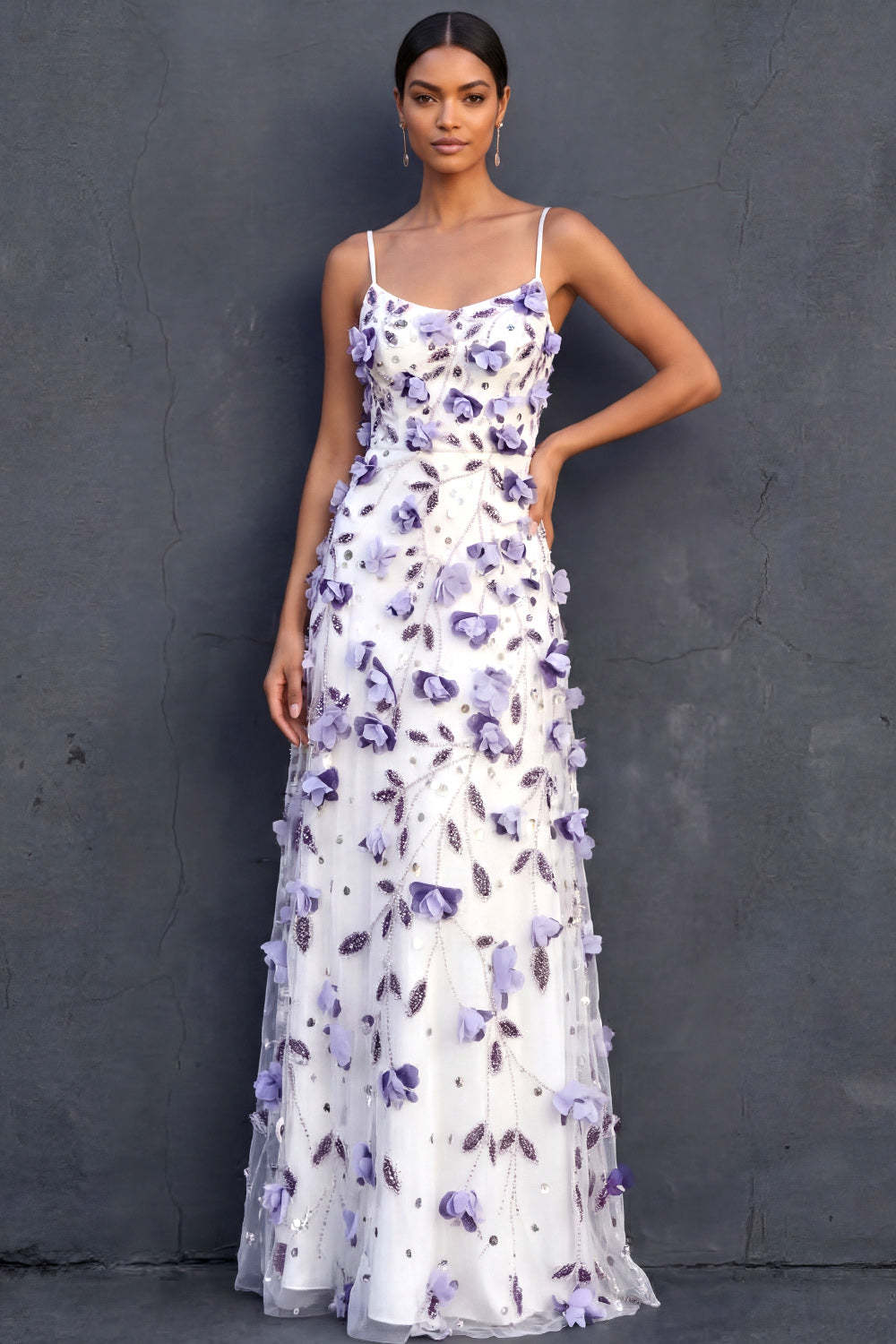 Floral Purple Sheath Appliqued Spaghetti Straps Long Wedding Guest Dress