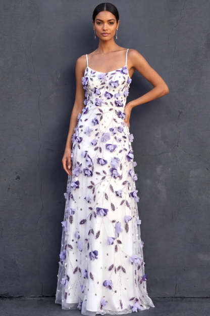 Floral Purple Sheath Appliqued Spaghetti Straps Long Wedding Guest Dress