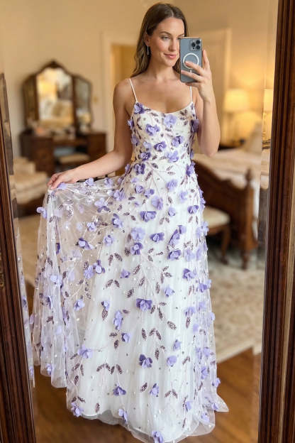 Floral Purple Sheath Appliqued Spaghetti Straps Long Wedding Guest Dress