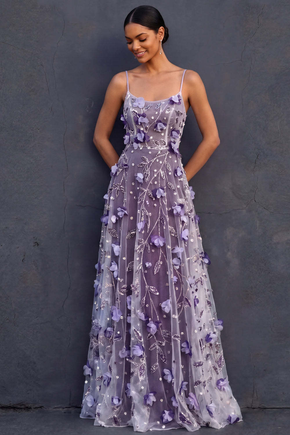 Leely Women A Line Spaghetti Straps Purple Appliqued Floral Long Wedding Guest Dress Backless Sleeveless