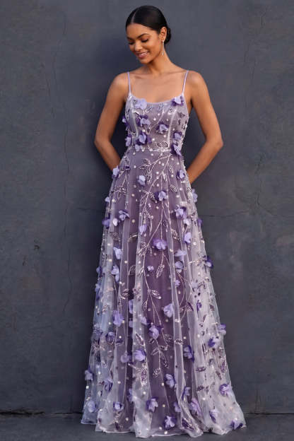 Leely Women A Line Spaghetti Straps Purple Appliqued Floral Long Wedding Guest Dress Backless Sleeveless