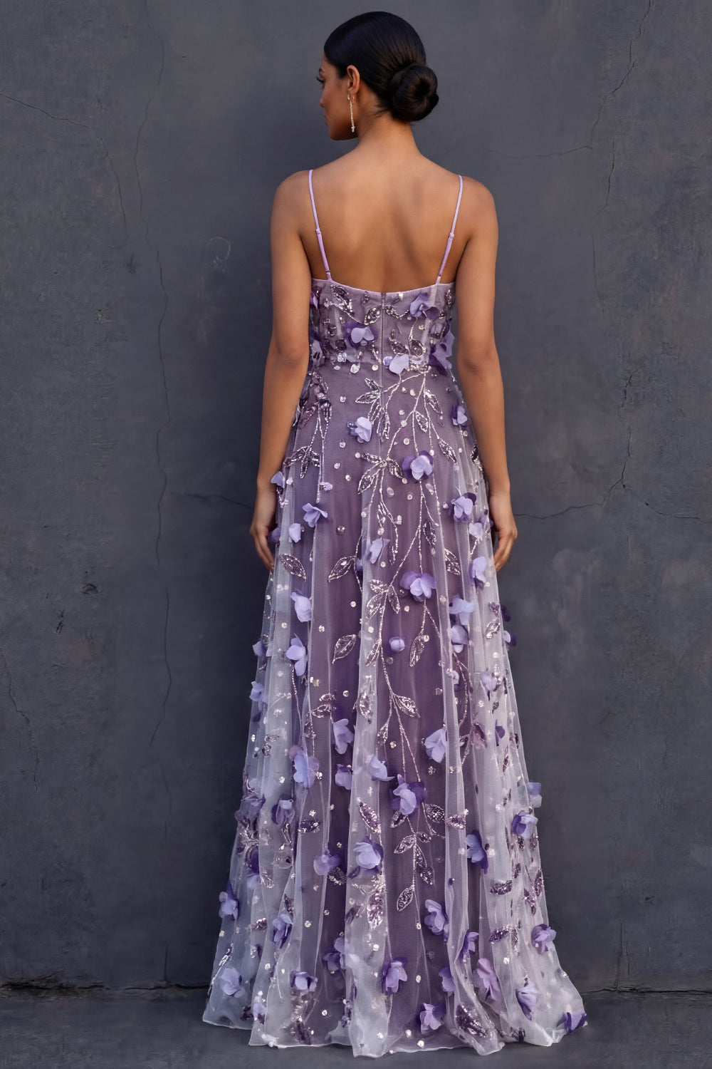Purple A Line Spaghetti Straps Appliqued Floral Long Wedding Guest Dress