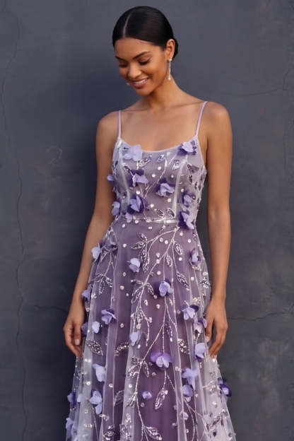 Purple A Line Spaghetti Straps Appliqued Floral Long Wedding Guest Dress