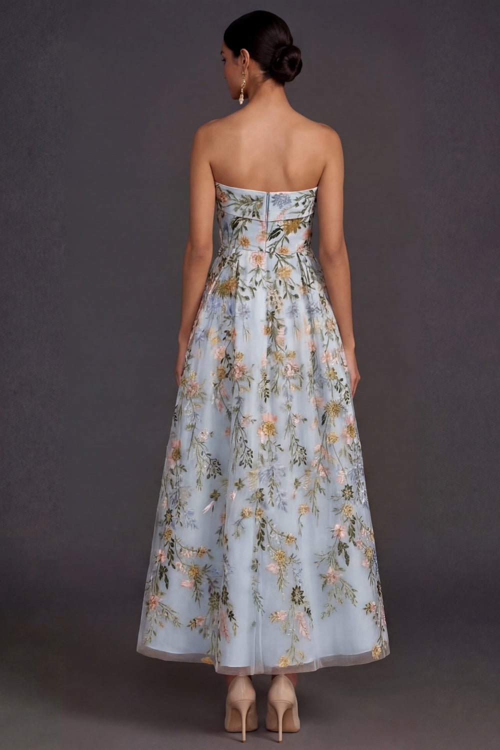Floral Strapless Yellow A Line Appliqued Midi Wedding Guest Dress