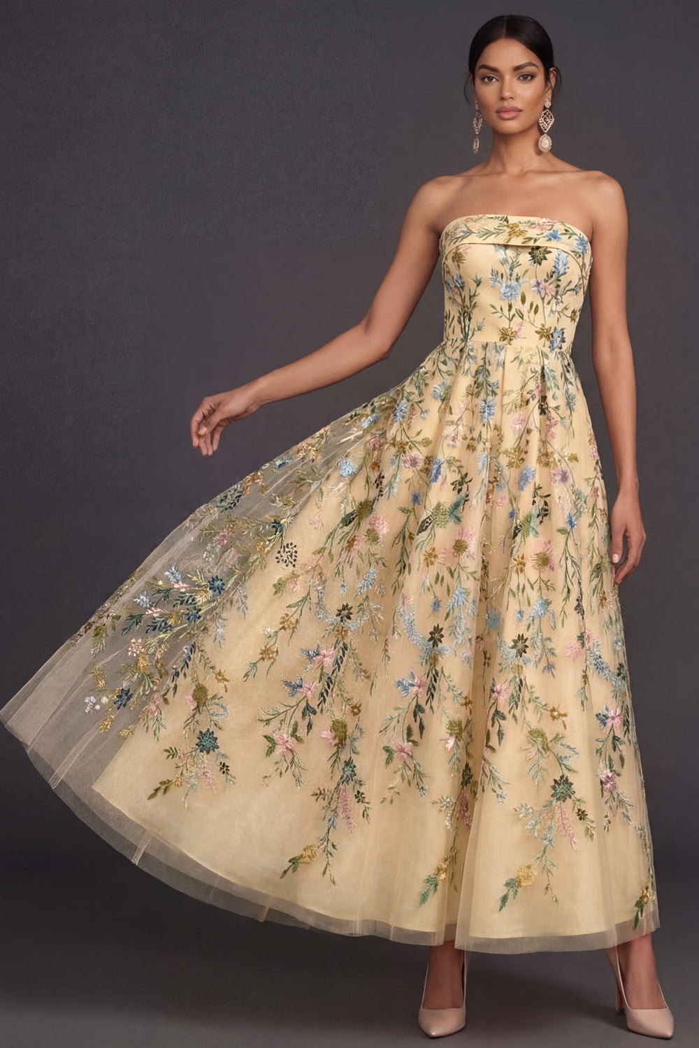Leely Women Floral Strapless Yellow A Line Midi Wedding Guest Dress Appliqued Backless Sleeveless Formal Dress