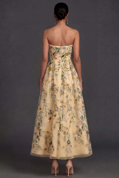 Floral Strapless Yellow A Line Appliqued Midi Wedding Guest Dress