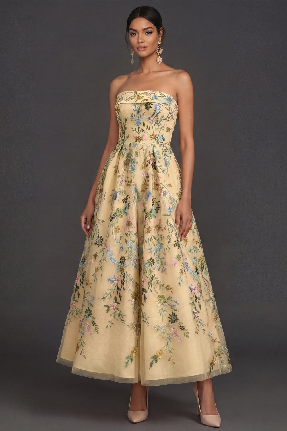 Floral Strapless Yellow A Line Appliqued Midi Wedding Guest Dress
