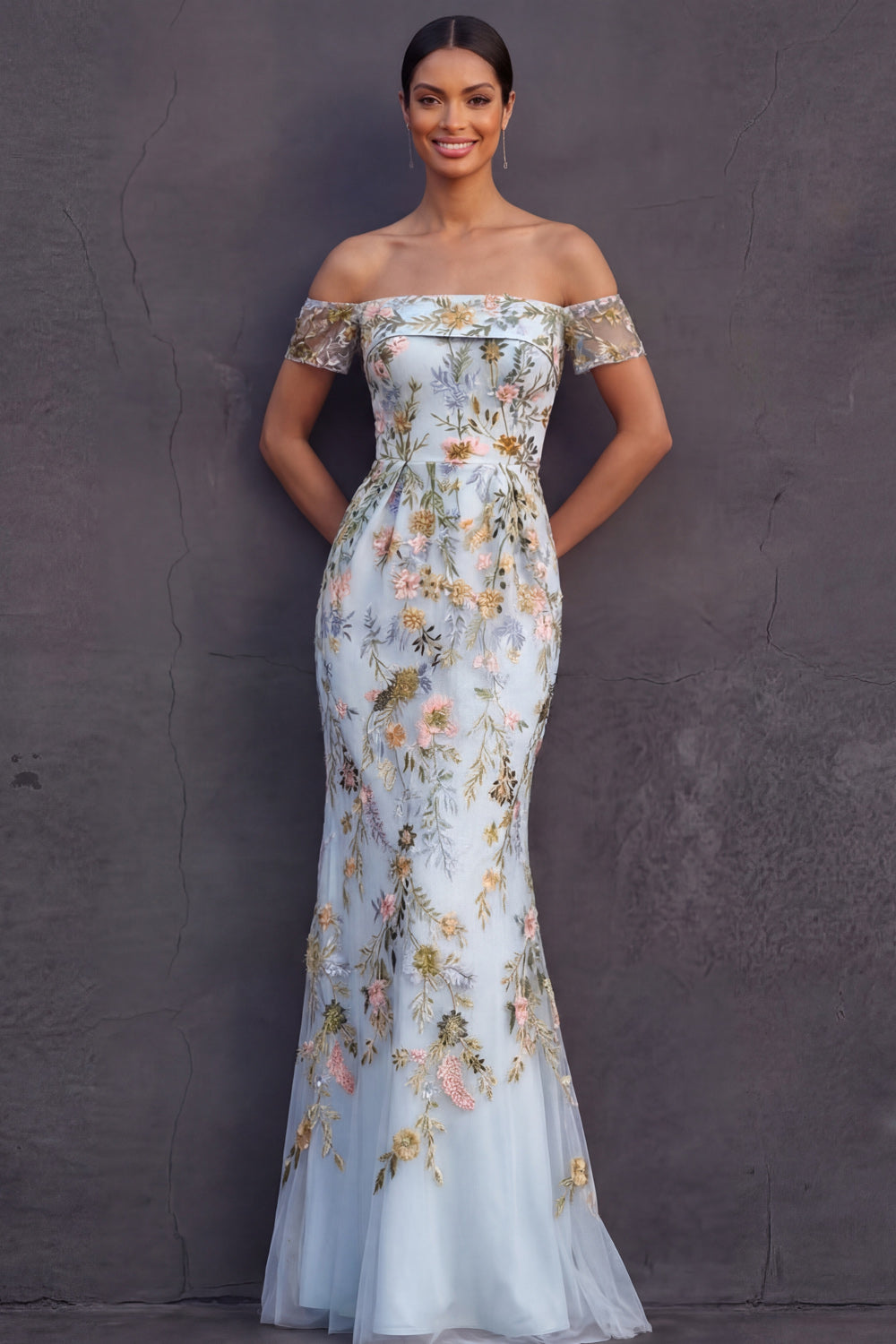 Light Blue Floral Mermaid Embroidered Long Wedding Guest Dress