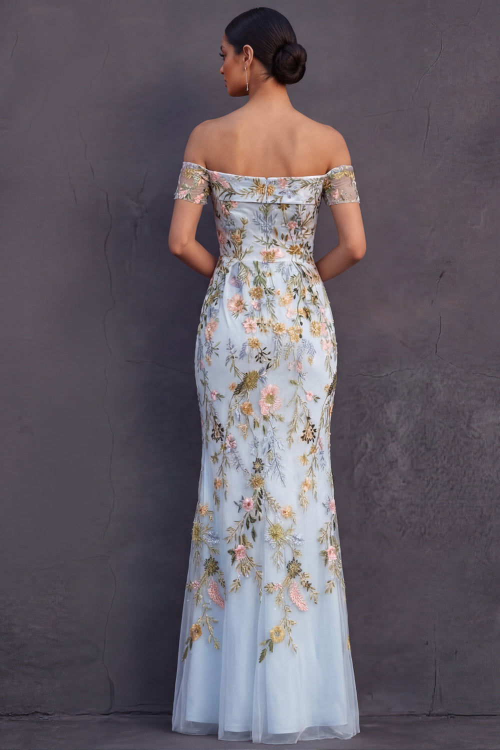 Light Blue Floral Mermaid Embroidered Long Wedding Guest Dress
