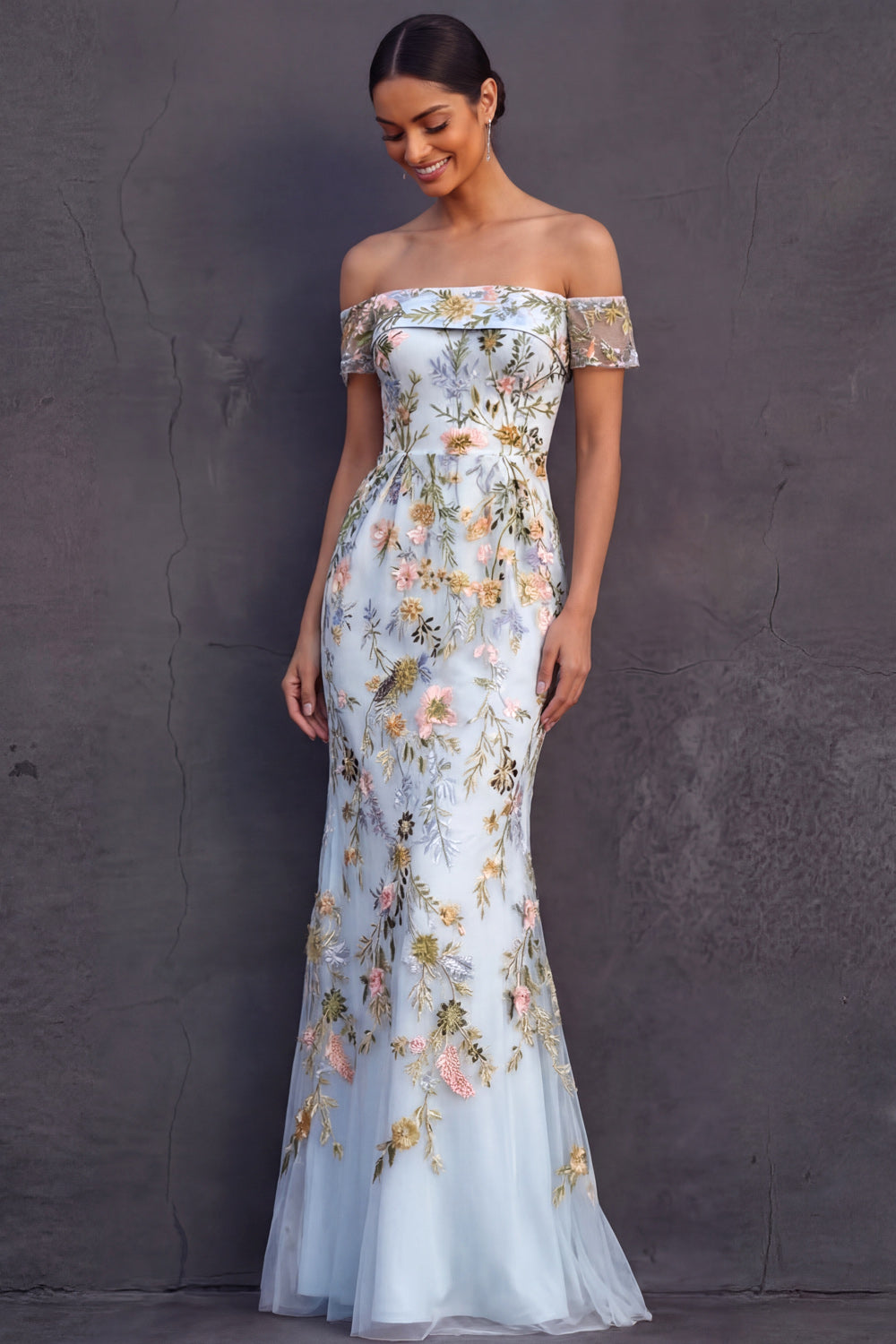 Light Blue Floral Mermaid Embroidered Long Wedding Guest Dress