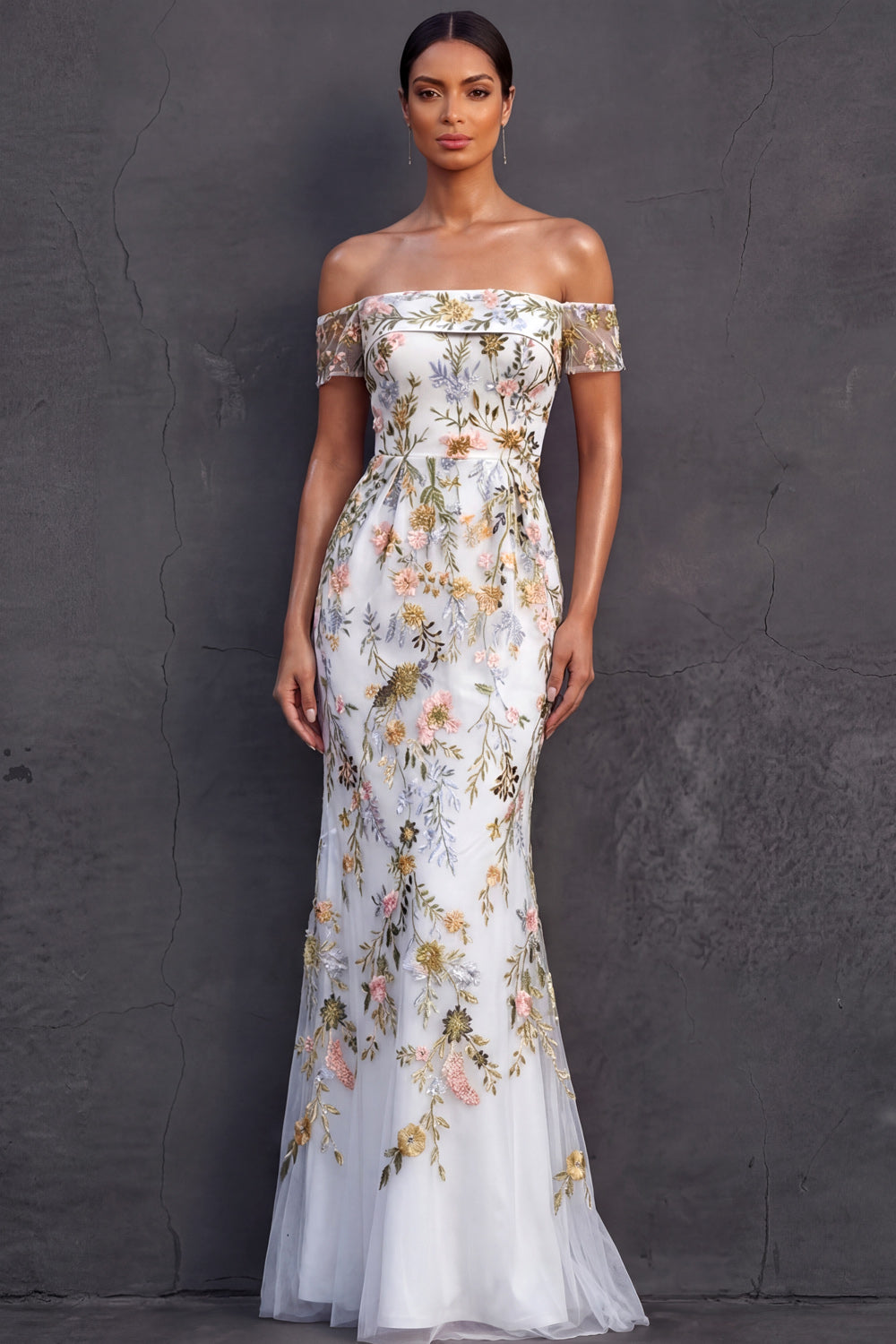 Leely Women White Floral Long Wedding Reception Dress Embroidered Off the Shoulder Mermaid Tulle Prom Dress