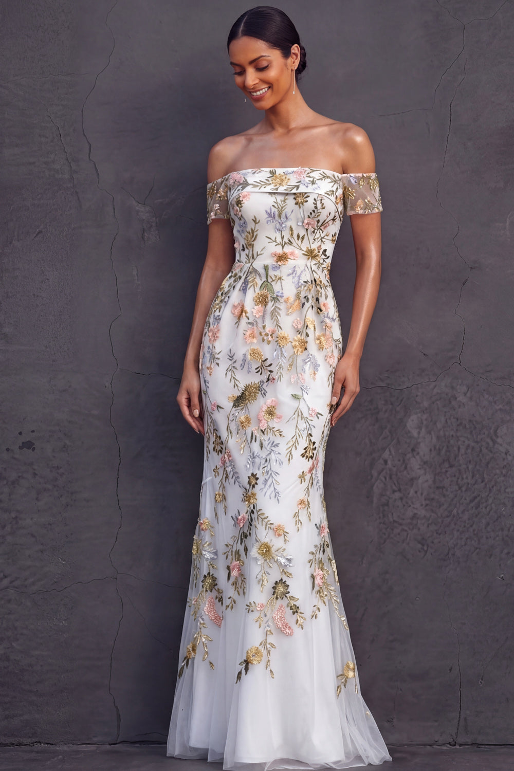 White Floral Mermaid Embroidered Long Wedding Reception Dress