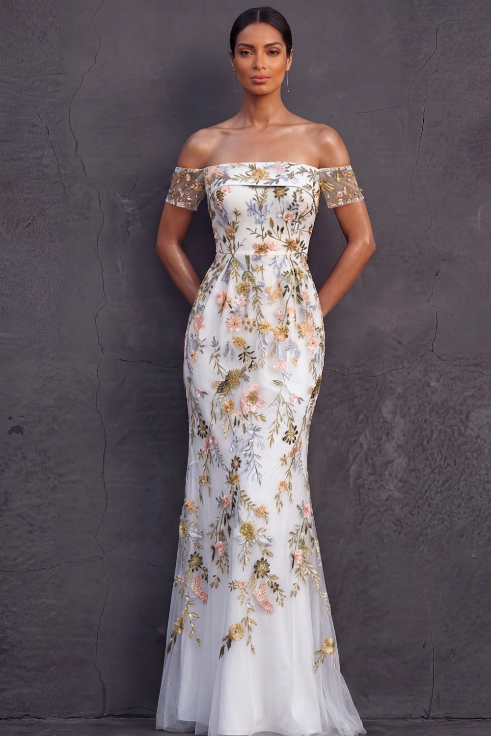 White Floral Mermaid Embroidered Long Wedding Reception Dress