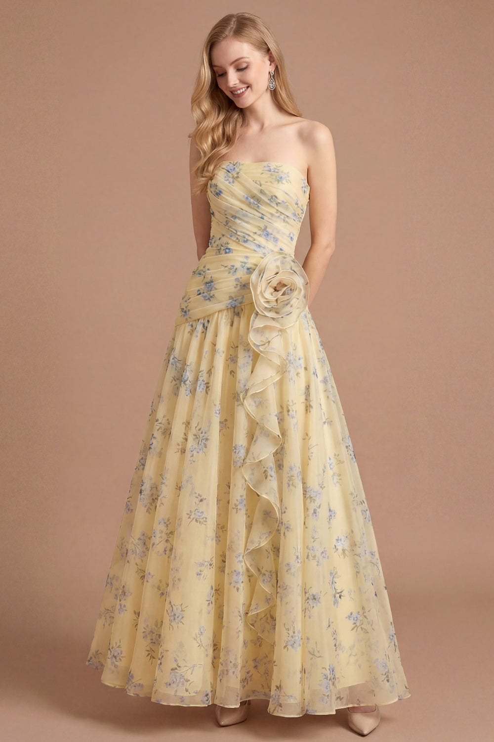 Light Yellow Floral A Line Strapless Long Wedding Guest Dress with Flower