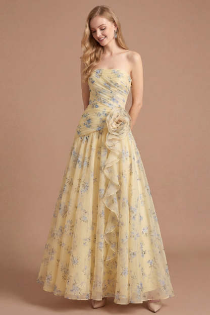 Light Yellow Floral A Line Strapless Long Wedding Guest Dress with Flower