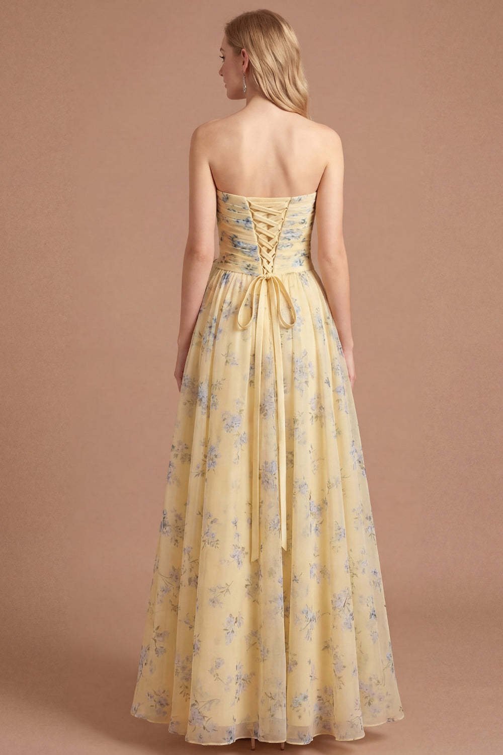Light Yellow Floral A Line Strapless Long Wedding Guest Dress with Flower